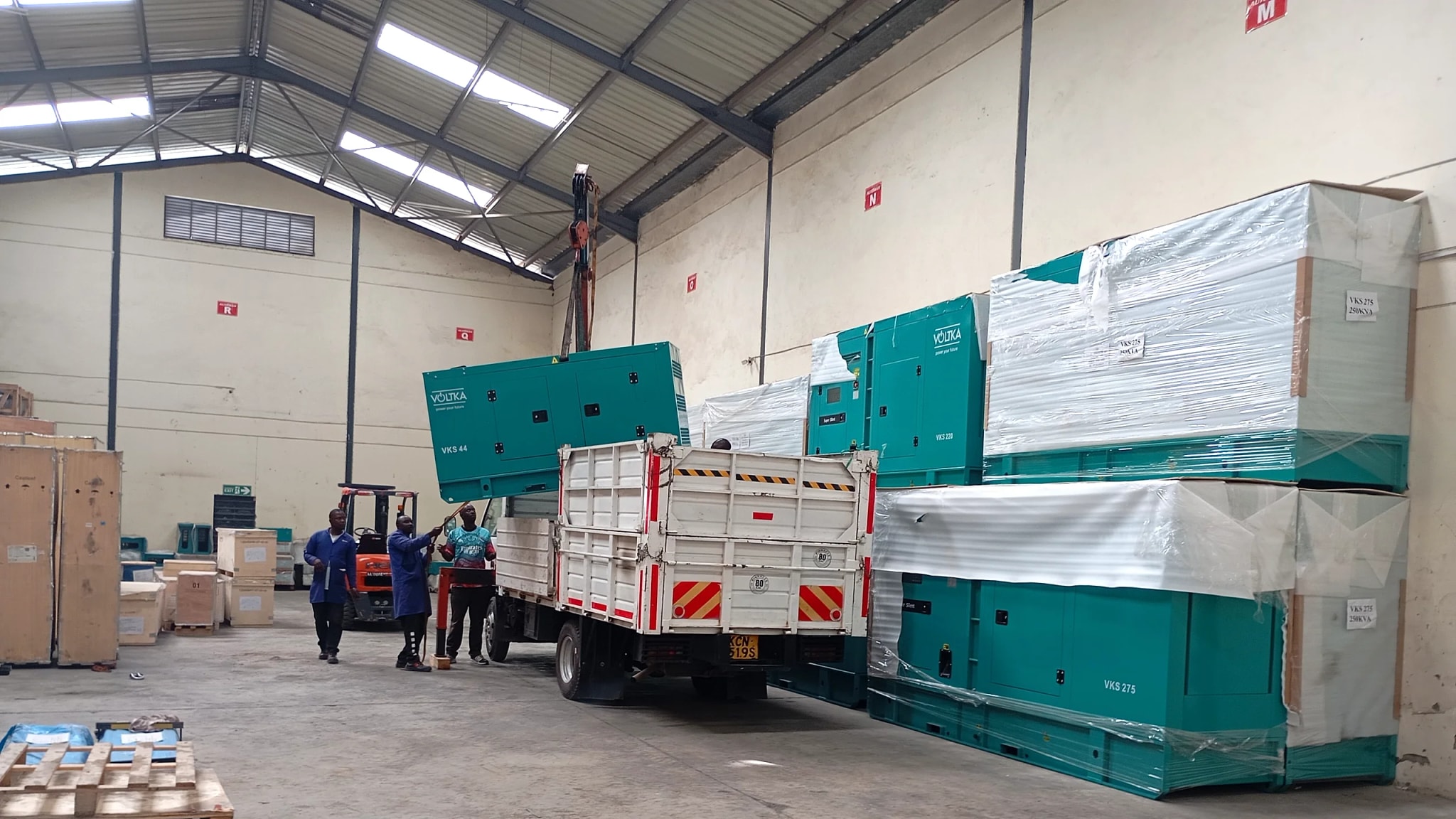 Fleet of VOLTKA Cummins generators in stock at EmersonEIMS warehouse in Nairobi, Kenya