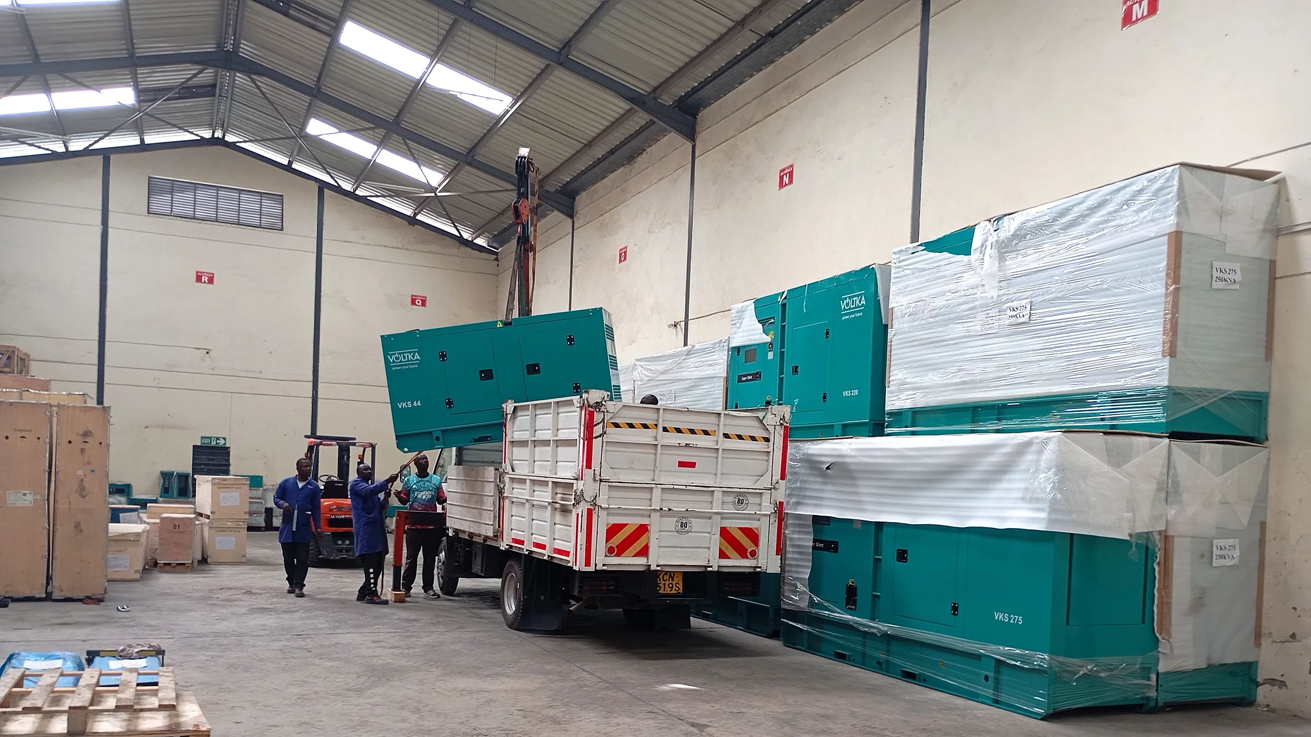 Fleet of VOLTKA Cummins generators in stock at EmersonEIMS warehouse in Nairobi, Kenya